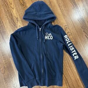 VTG Y2K Hollister Co. Zip Up Hooded Sweatshirt Women's L Navy Blue Embroidered